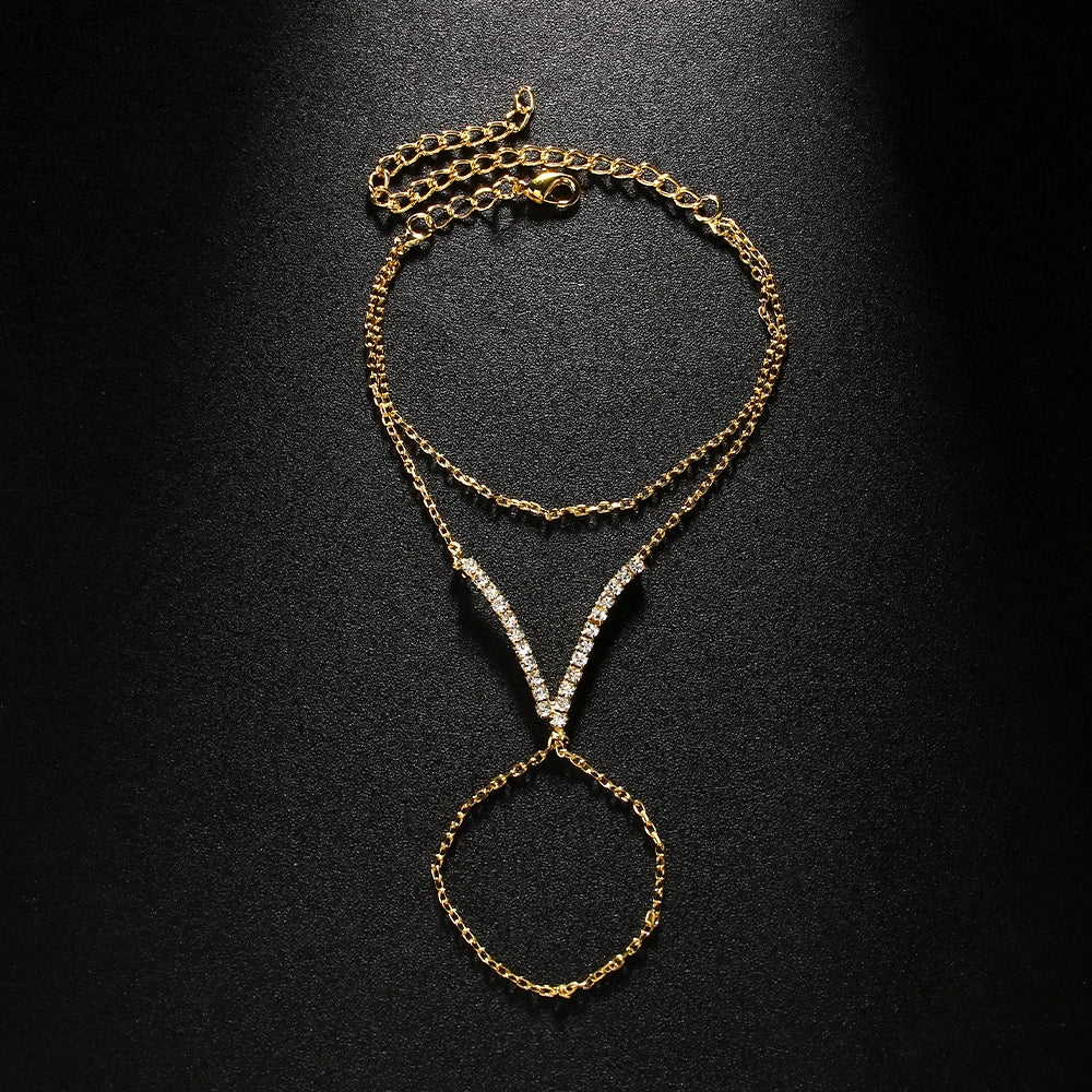 Bracelet Main Luxe Forme V - Cristaux Étincelants & Bague Mariée