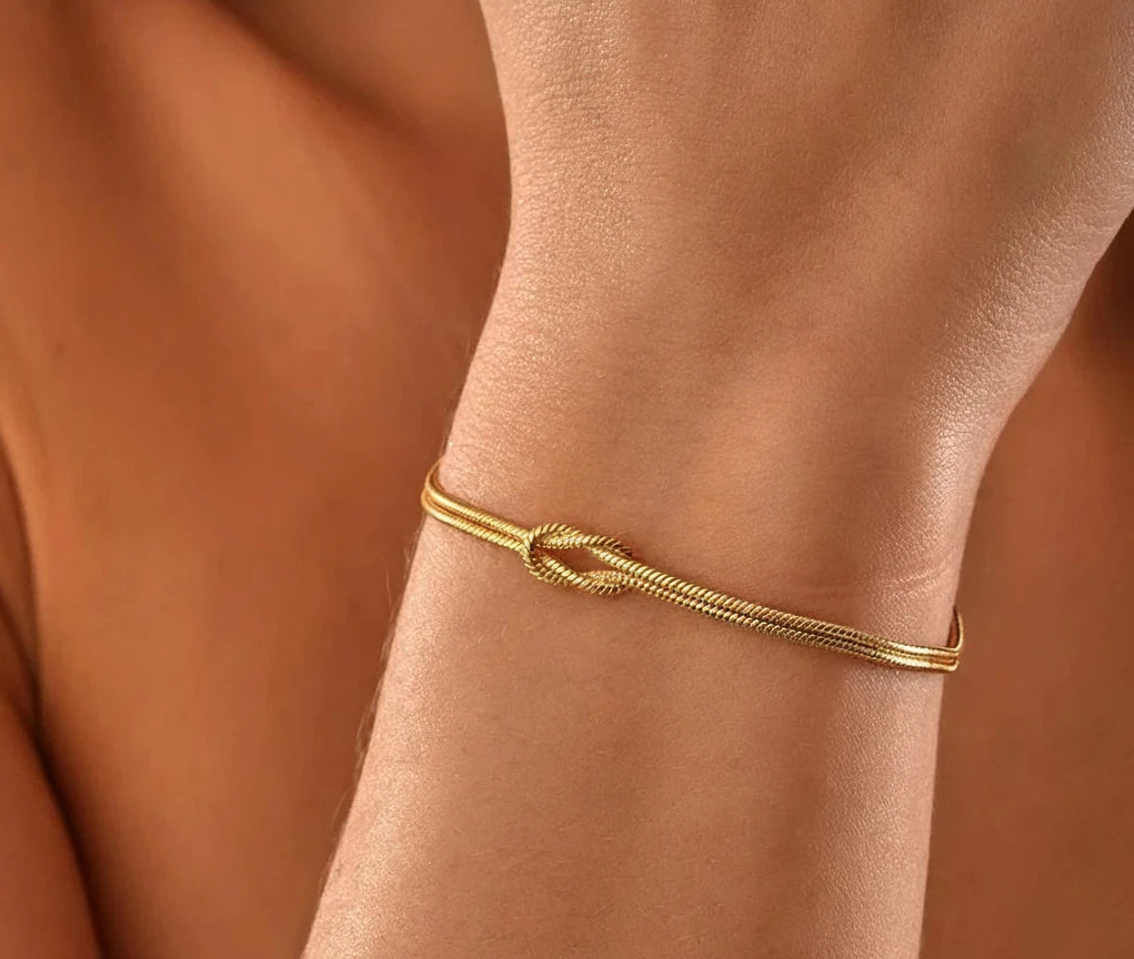Bracelet Couple & Amitié Nœud Lumineux - Chaîne Serpent Acier Doré