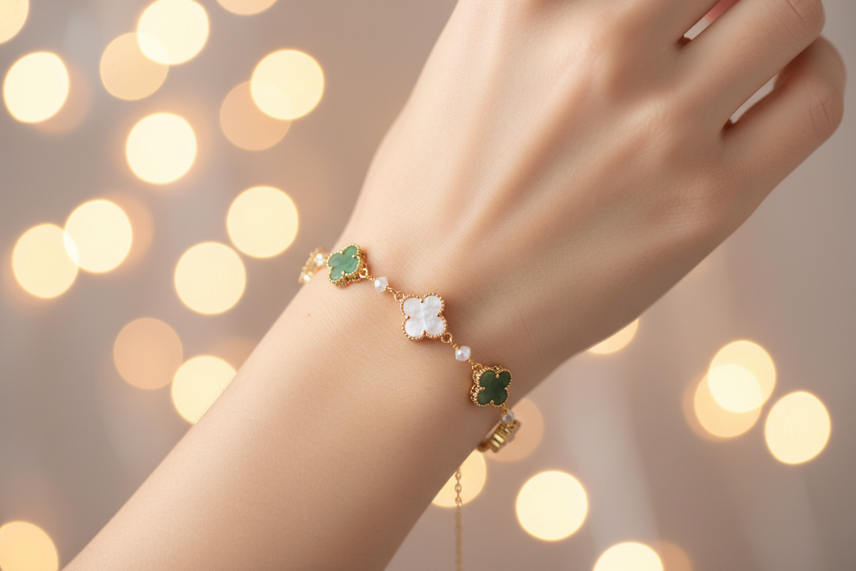 Je voudrais une image qui fait appel à des bijoux, chics, lumineux, sensoriel, avec une main où une femme qui a bracelet trèfle porte-bonheur sur sa main